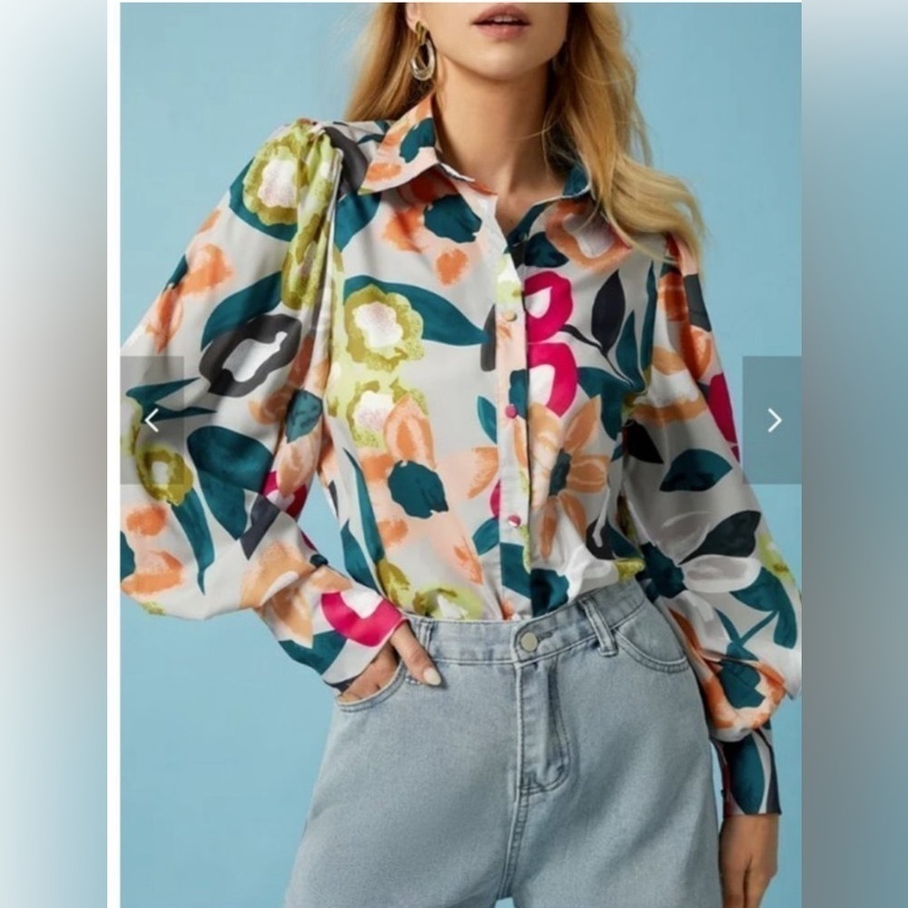 🎉HP🎉STYLEWE Women's Multicolor Collar
Regular Fit Lantern Sleeves Blouse Large - Picture 3 of 7